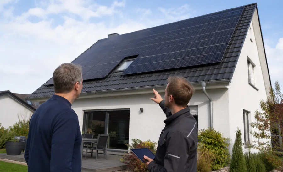 Eigentümer und Solarteur prüfen eine Photovoltaikanlage auf einem Einfamilienhaus