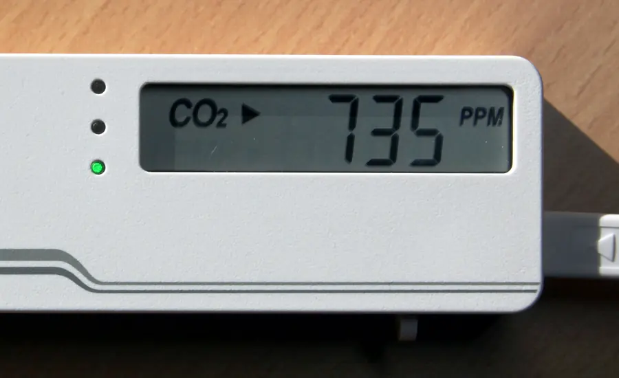 Nahaufnahme eines CO₂-Messgeräts mit digitaler Konzentrationsanzeige und farbigen Kontrollleuchten