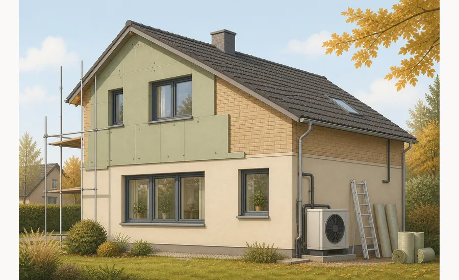 Einfamilienhaus in der seriellen Sanierung: vormontierte Fassadenelemente auf dem Gerüst der oberen Etage, dahinter neu verbaute Fenster mit Dreifachverglasung, im Vorgarten Wärmepumpengerät und Palette mit Dämmstoffen