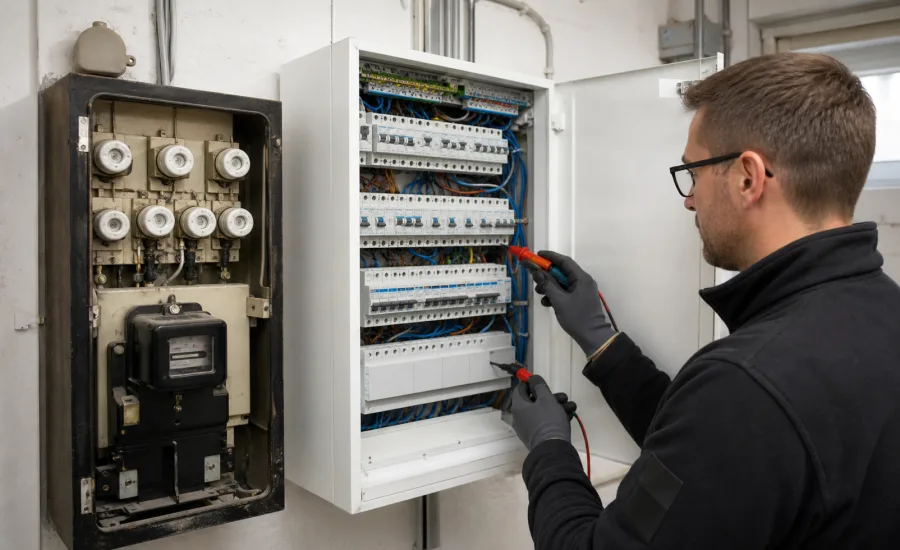 Elektriker erneuert einen Sicherungskasten in einem Wohnhaus