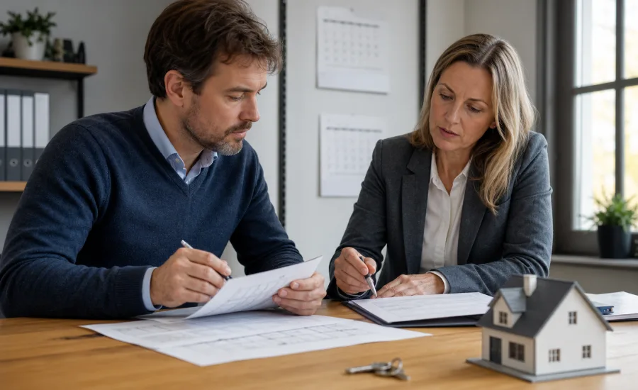Beratungsgespräch mit Unterlagen und Hausmodell – Spekulationssteuer beim Immobilienverkauf