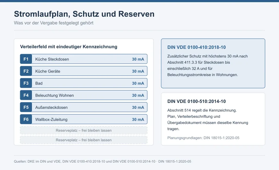 Grafik eines Verteilerfelds mit beschrifteten Stromkreisen, 30-mA-Kennzeichnung und markierten freien Reserveplätzen