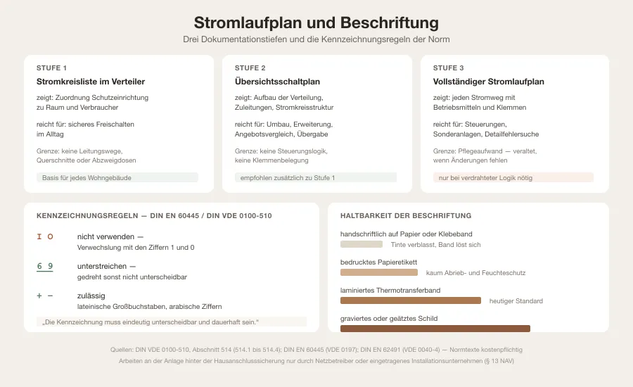 Vergleichsgrafik dreier Dokumentationstiefen von der Stromkreisliste bis zum Stromlaufplan sowie eine Übersicht der Kennzeichnungsregeln aus DIN VDE 0100-510 und DIN EN 60445