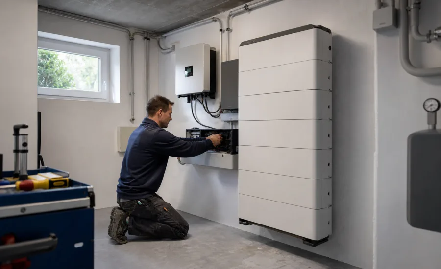Elektriker installiert einen Stromspeicher neben dem Wechselrichter