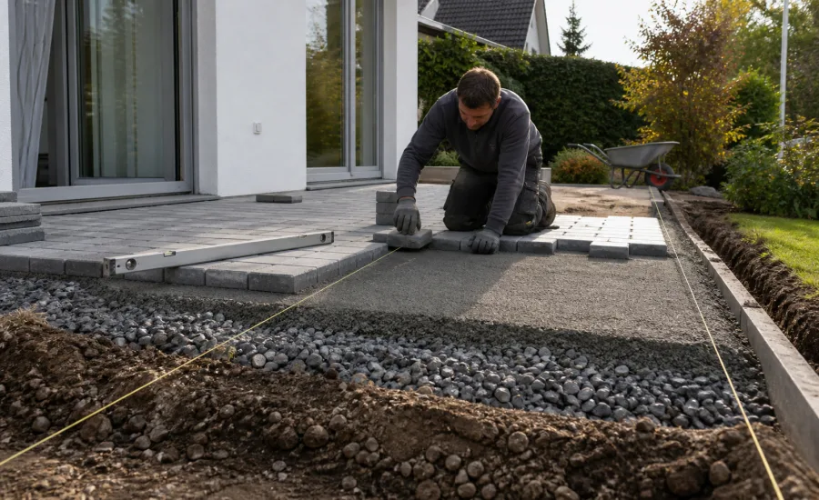 Terrassenbau mit Tragschicht, Splittbett und verlegten Pflastersteinen