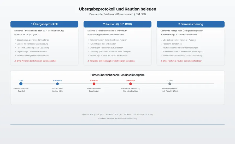Grafik mit den drei Schritten Übergabeprotokoll, Kautionsnachweis und Fristenübersicht nach § 551 BGB