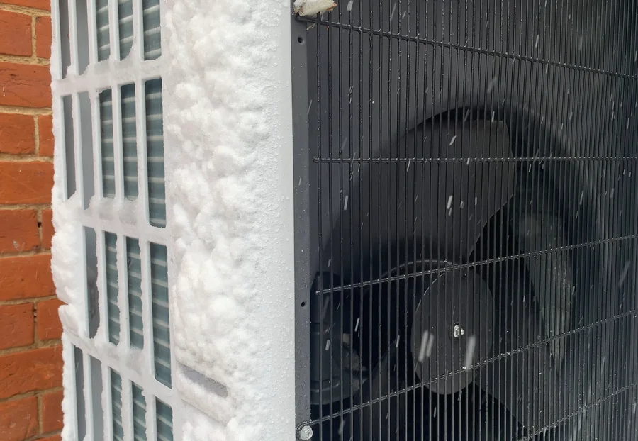 Nahaufnahme eines Wärmepumpen-Außengeräts mit schwarzem Ventilatorgitter und Schnee am seitlichen Gitter neben einer Ziegelwand