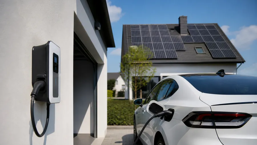 Wallbox an der Garagenwand mit ladendem Elektroauto und Haus mit Photovoltaik – Kosten und Förderung