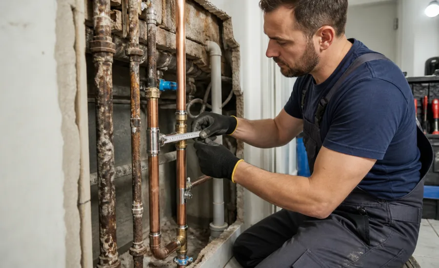 Installateur ersetzt alte Wasserleitungen durch neue Rohrleitungen