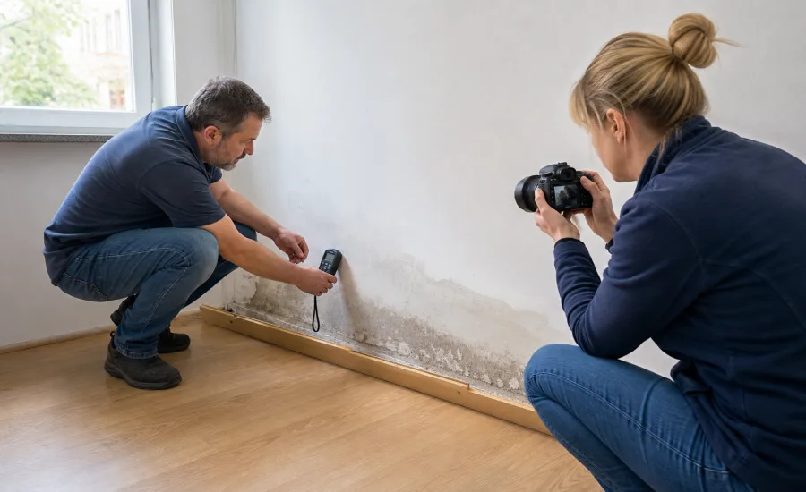 Sachverständiger dokumentiert mit einem Eigentümer einen Wasserschaden