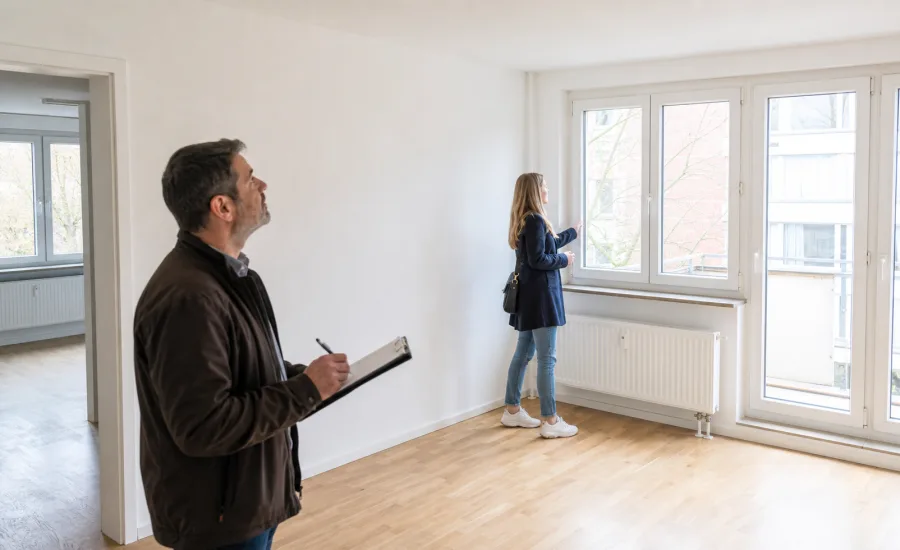 Vermieter und Mietinteressentin prüfen gemeinsam den Zustand einer Wohnung