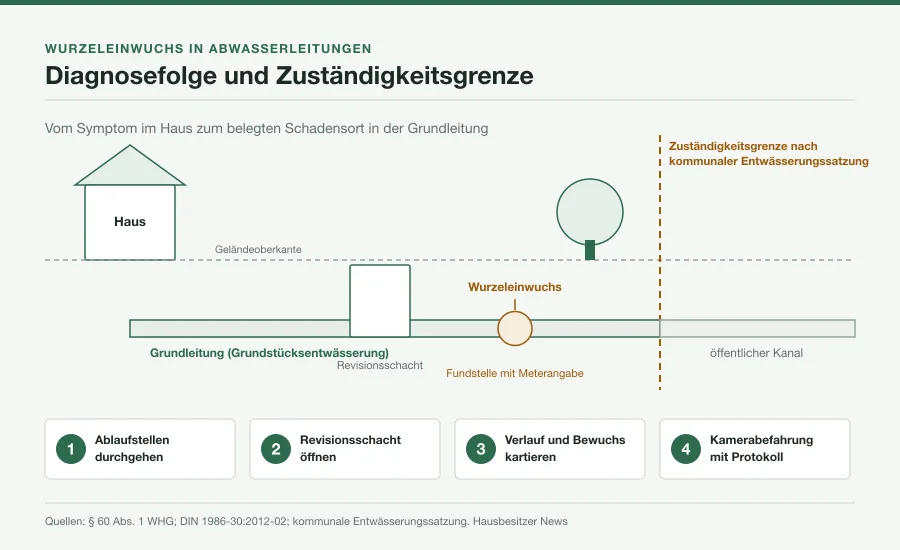 Schnittskizze einer Grundleitung vom Haus über den Revisionsschacht bis zur Grundstücksgrenze mit den vier Diagnoseschritten und der Zuständigkeitsgrenze